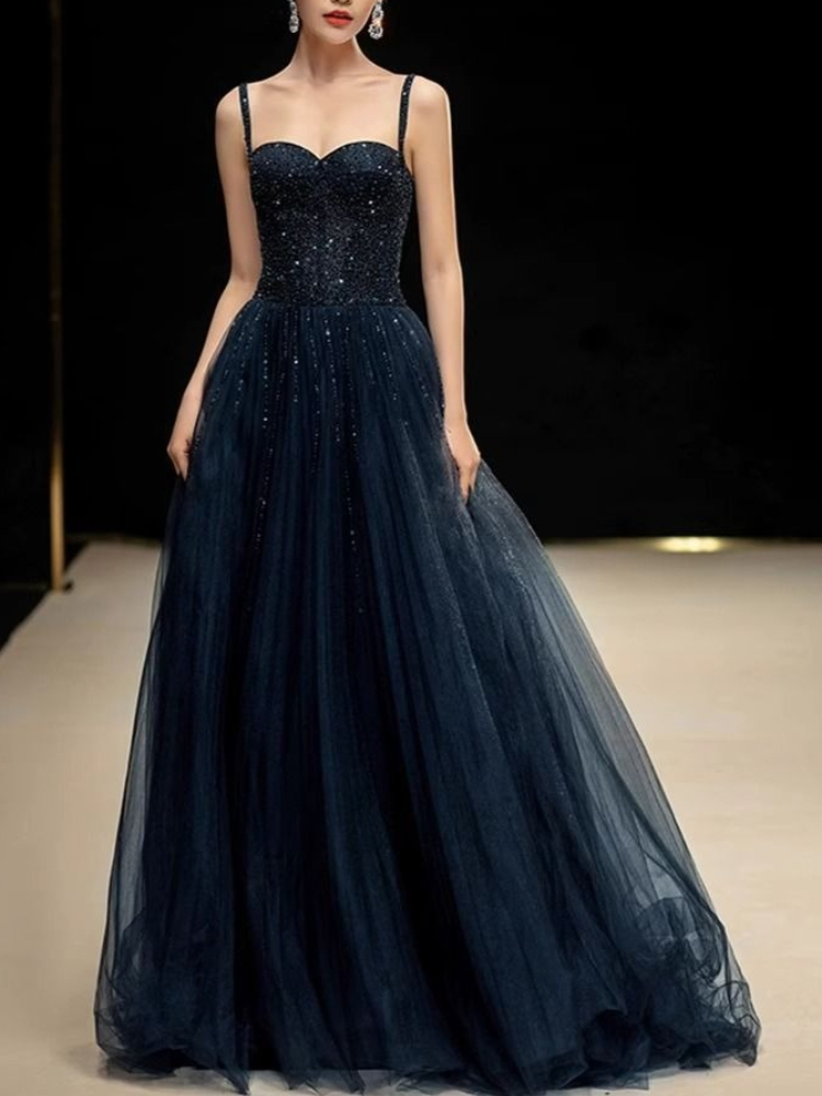 Women Formal Wear For Graduation - 우아한 공주 네이비 블루 스팽글 스파게티