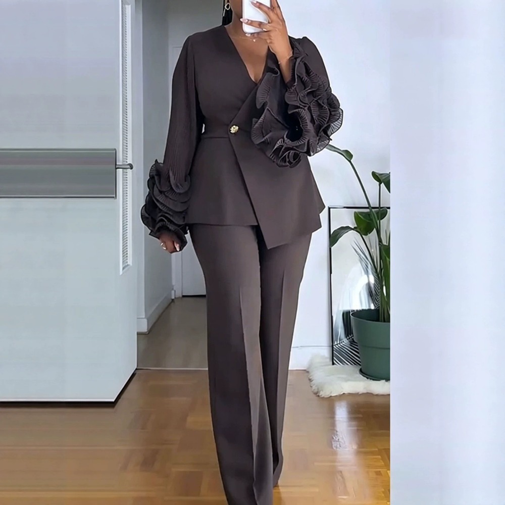 Female Formal Wear - 여성용 2피스 팬츠 슈트 딥-V 러플