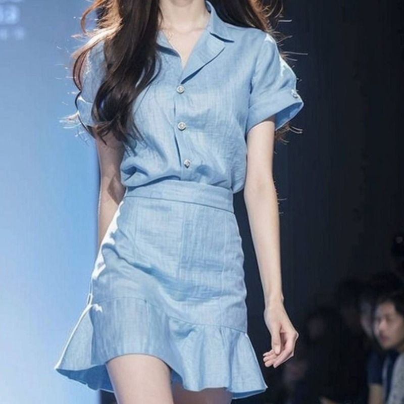 여성용 반팔 스커트 블루 투피스 세트, 비치 탑과 하의 - Female Formal Wear 리뷰 및 가격