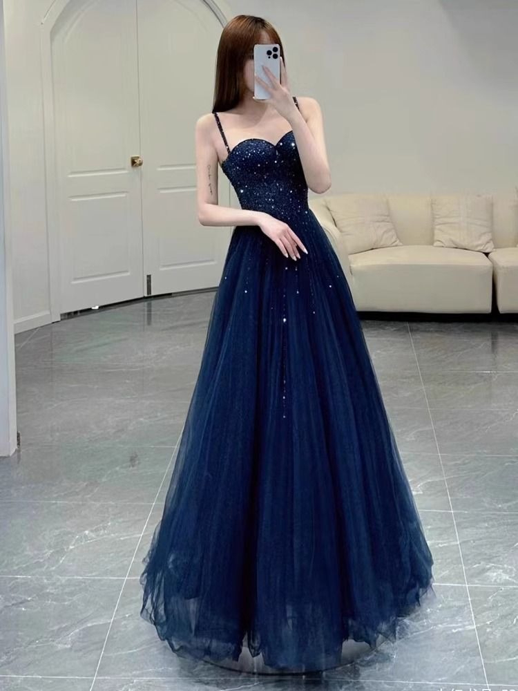 우아한 공주 네이비 블루 스팽글 스파게티 스트랩 스윗하 - Women Formal Wear For Graduation 리뷰 및 가격